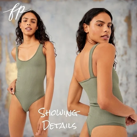 FREE PEOPLE XYZ Ribbed Sleeveless Stretch Fit Thong Bodysuit in Black NWT - Picture 8 of 16